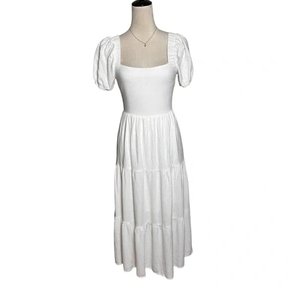 Sadie & Sage White Cottagecore Puff Sleeve Tie Back Midi Dress Boho Prairie S - Picture 1 of 13